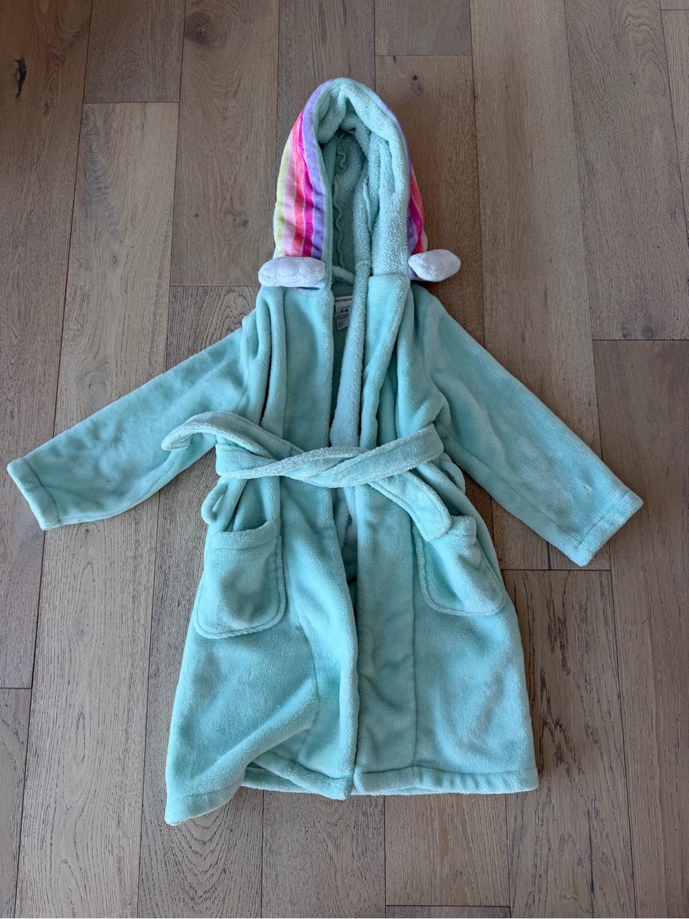 Pottery Barn Kids Mint Green Rainbow Hooded Fleece Bathrobe Size 4-6